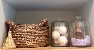 Pottery Barn Basket in Laundry Room on Butcher Block Shelf