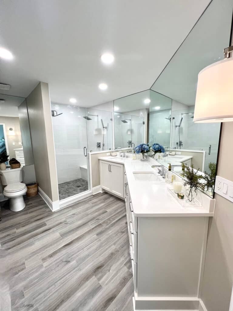 Master Bathroom Sheet Mirrors. Backsplash to Ceiling