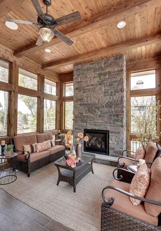 All wood screened porch with fireplace